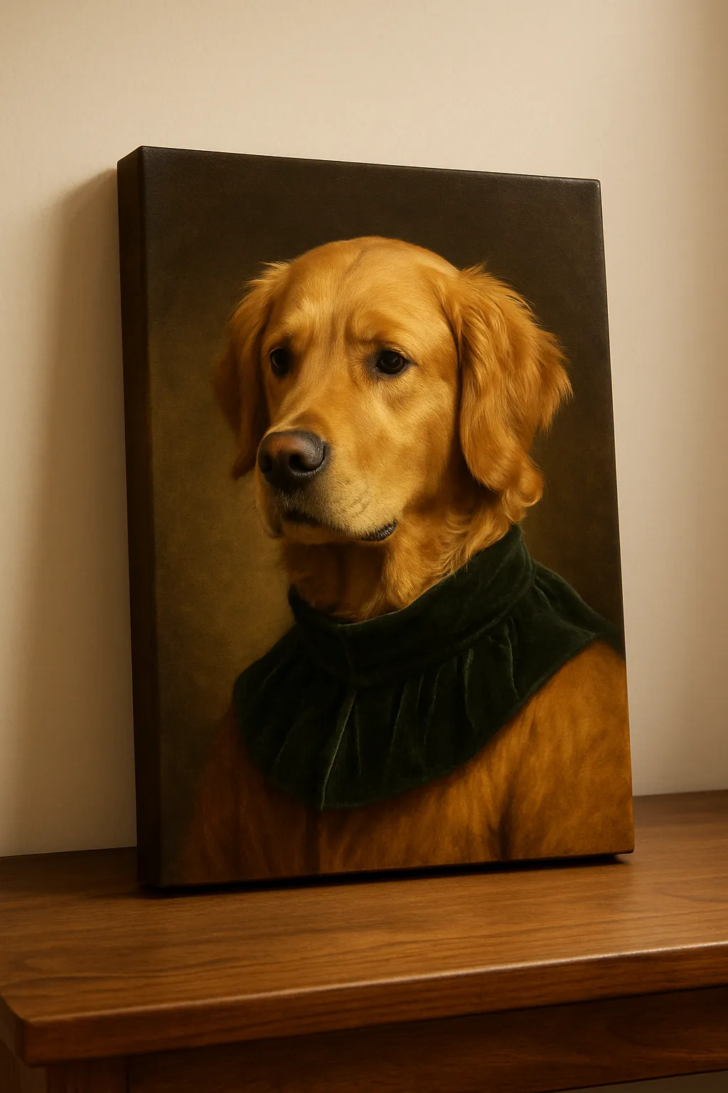 Retrato Djhones de un golden retriever montado en retablo